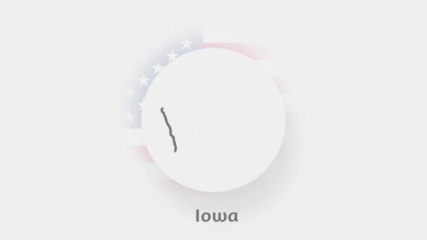 Iowa State of USA. Mapa animado dos EUA mostrando o estado de Iowa. Estados Unidos da América. Neumorfismo estilo mínimo — Vídeo de Stock