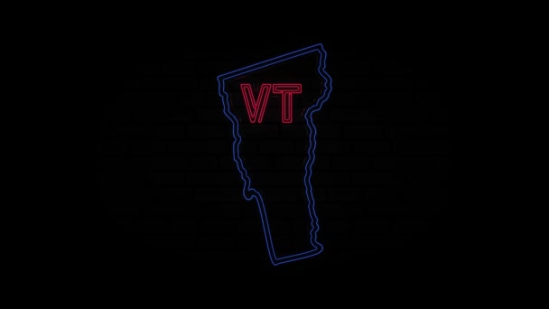 Świecący neon linii Vermont State liternictwo izolowane na czarnym tle. Stany Zjednoczone. Animowana mapa przedstawiająca stan Vermont ze Stanów Zjednoczonych Ameryki — Wideo stockowe