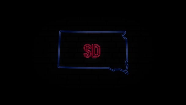 Linha de néon brilhante Estado Dakota do Sul letras isoladas sobre fundo preto. EUA. Mapa animado mostrando o estado da Dakota do Sul do estado unido da América — Vídeo de Stock