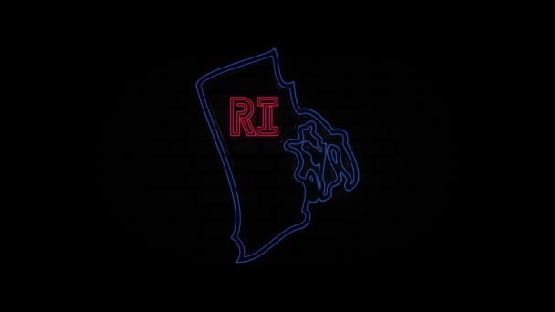 Linha de néon brilhante estado Rhode Island letras isoladas sobre fundo preto. EUA. Mapa animado mostrando o estado de Rhode Island do estado unido da américa — Vídeo de Stock