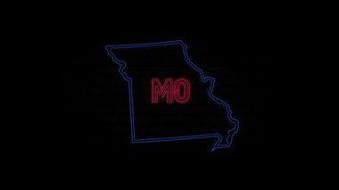 Parlayan neon hattı Missouri eyaleti siyah arka planda izole edilmiş. ABD. Amerika Birleşik Devletleri 'nden Missouri eyaletini gösteren animasyon haritası