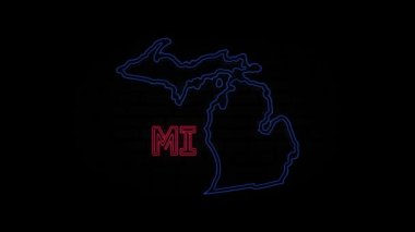 Parlayan neon hattı Michigan eyaleti siyah arka planda izole edilmiş. ABD. Animasyon haritası Amerika Birleşik Devletleri 'nden Michigan eyaletini gösteriyor.