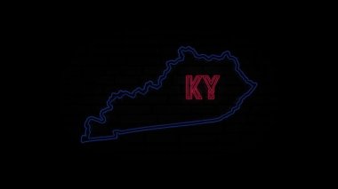 Parlayan neon hattı Kentucky eyaleti siyah arka planda izole edilmiş. ABD. Animasyon haritası Amerika Birleşik Devletleri Kentucky eyaletini gösteriyor.