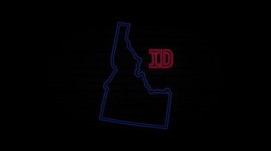 Parlayan neon hattı Idaho eyaleti harfleri siyah arka planda izole edilmiş. ABD. Animasyon haritası Amerika Birleşik Devletleri 'nden Idaho eyaletini gösteriyor.