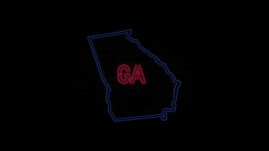 Parlayan neon hattı Georgia eyaleti siyah arka planda izole edilmiş. ABD. Animasyon haritası Amerika Birleşik Devletleri 'nden Gürcistan' ı gösteriyor.
