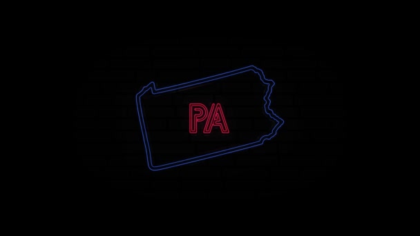 Zářící neonová čára Pensylvánie, písmo izolované na černém pozadí. USA. Animovaná mapa zobrazující stav Pensylvánie ze Spojených států amerických — Stock video
