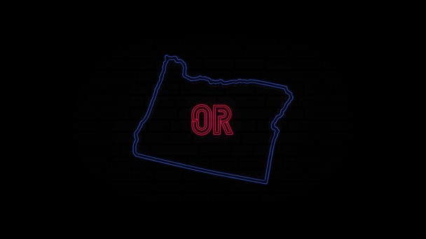 Linha de néon brilhante Estado de Oregon letras isoladas sobre fundo preto. EUA. Mapa animado mostrando o estado do Oregon a partir do estado unido da América — Vídeo de Stock