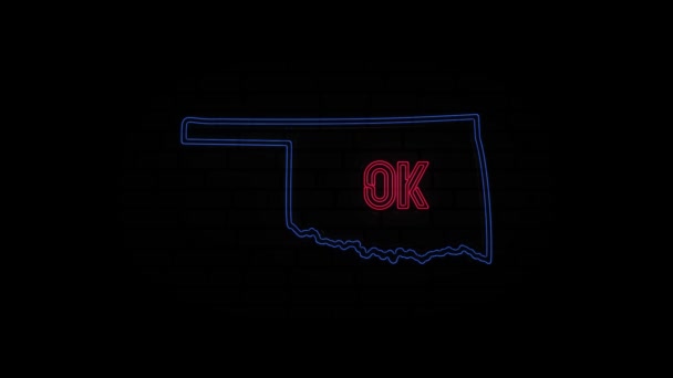 Linha de néon brilhante Oklahoma estado letras isoladas sobre fundo preto. EUA. Mapa animado mostrando o estado de Oklahoma do estado unido da américa — Vídeo de Stock