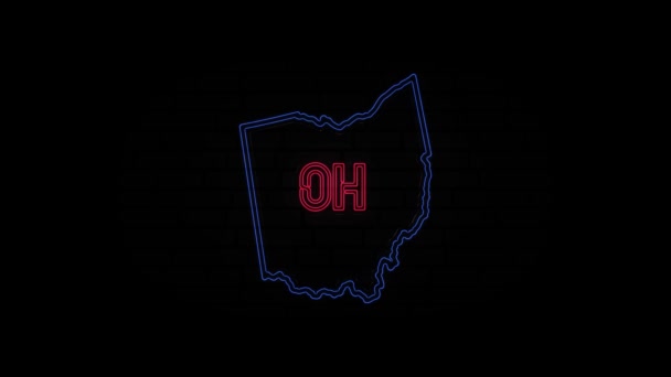 Lettere luminose al neon Ohio state isolate su sfondo nero. Stati Uniti. Mappa animata che mostra lo stato dell'Ohio dallo stato unito dell'America — Video Stock