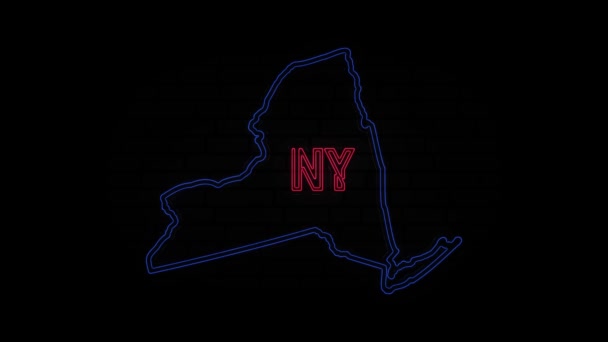 Línea de neón brillante Letras del estado de Nueva York aisladas sobre fondo negro. Estados Unidos. Mapa animado que muestra el estado de Nueva York desde el estado unido de América — Vídeo de stock