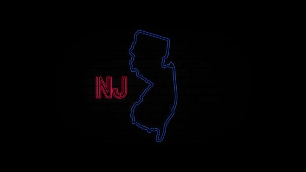 Glødende neon line New Jersey stat bogstaver isoleret på sort baggrund. USA. Animeret kort, der viser staten New Jersey fra USA – Stock-video