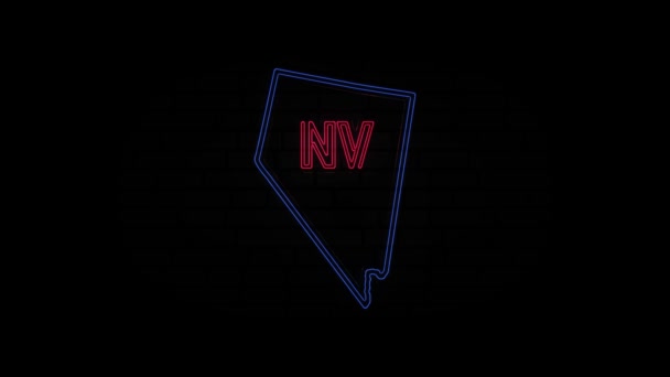 Lettere luminose al neon Nevada state isolate su sfondo nero. Stati Uniti. Mappa animata che mostra lo stato del Nevada dallo stato unito dell'America — Video Stock