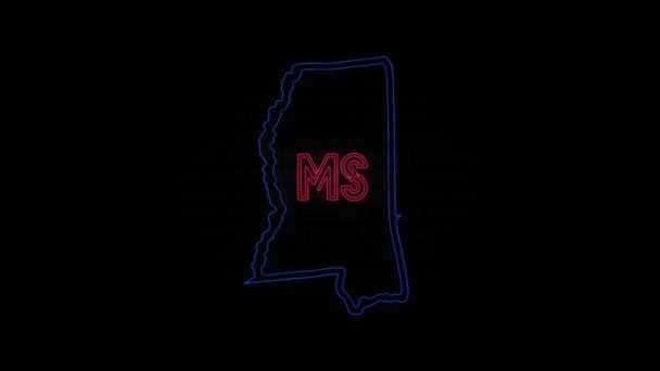 Linha de néon brilhante Mississippi letras estado isolado em fundo preto. EUA. Mapa animado mostrando o estado do Mississippi do estado unido da américa — Vídeo de Stock