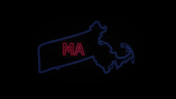 ネオンラインを輝くマサチューセッツ州の州のレタリングは黒の背景に隔離された。アメリカだ。アメリカからマサチューセッツ州を示すアニメーション地図 — ストック動画