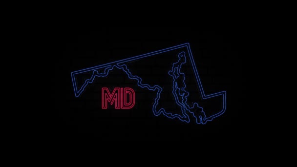 Lettere luminose al neon dello stato del Maryland isolate su sfondo nero. Stati Uniti. Mappa animata che mostra lo stato del Maryland dallo stato unito dell'America — Video Stock