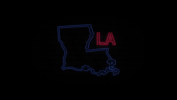 Línea de neón brillante Letras del estado de Luisiana aisladas sobre fondo negro. Estados Unidos. Mapa animado que muestra el estado de Luisiana desde el estado unido de América — Vídeos de Stock