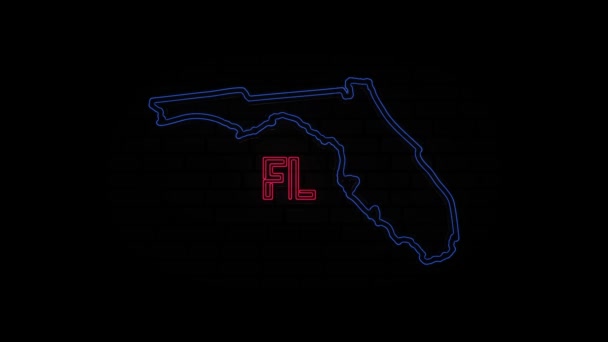 Leuchtender neonfarbener Schriftzug des Bundesstaates Florida isoliert auf schwarzem Hintergrund. USA. Animierte Karte, die den Bundesstaat Florida aus dem vereinigten Staat Amerika zeigt — Stockvideo