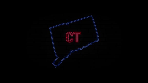Świecące neonowe litery stanu Connecticut odizolowane na czarnym tle. Stany Zjednoczone. Animowana mapa przedstawiająca stan Connecticut ze Stanów Zjednoczonych Ameryki — Wideo stockowe