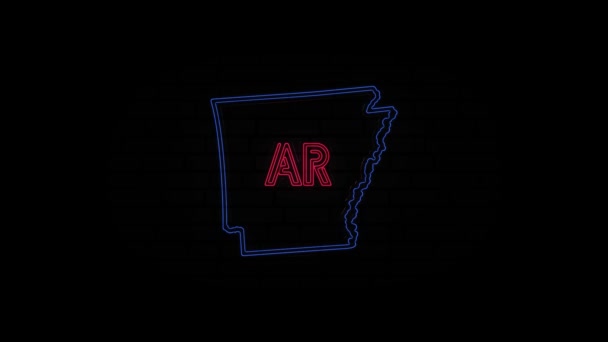 Lettere luminose al neon Arkansas state isolate su sfondo nero. Stati Uniti. Mappa animata che mostra lo stato dell'Arkansas dallo stato unito dell'America — Video Stock