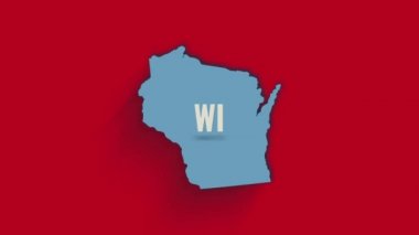Amerika Birleşik Devletleri 'nden Wisconsin eyaletini gösteren 3D animasyon haritası. ABD. Kırmızı arka planda gölgesi olan 3d Wisconsin Eyaleti