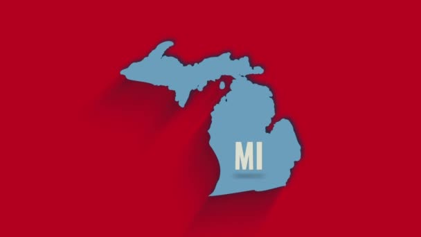 3D animierte Karte, die den Bundesstaat Michigan vom Vereinigten Staat von Amerika aus zeigt. USA. 3d Bundesstaat Michigan mit Schatten auf rotem Hintergrund — Stockvideo