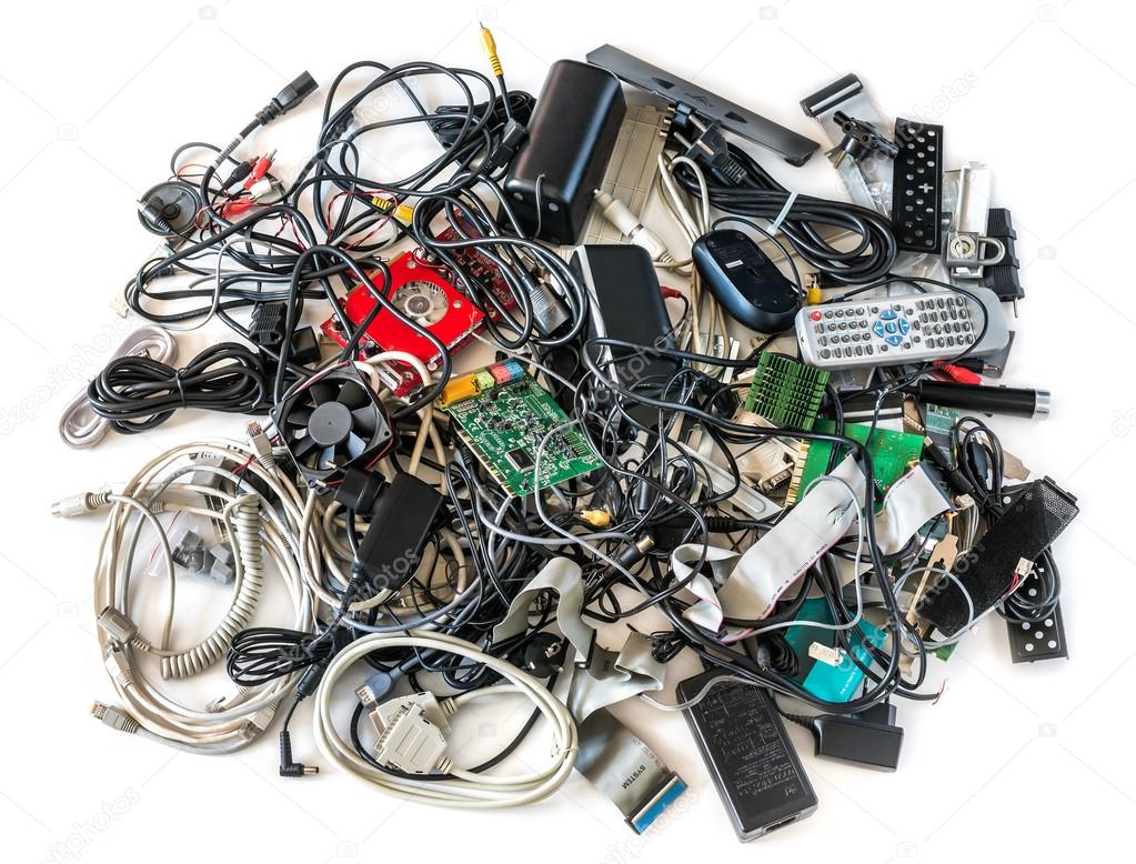 Old Computer Cables and Devices  on White Background