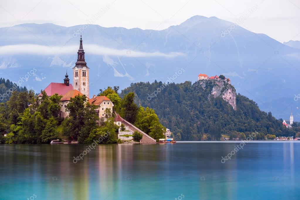 Catholic Church on Island and Bled Castle on Bled Lake