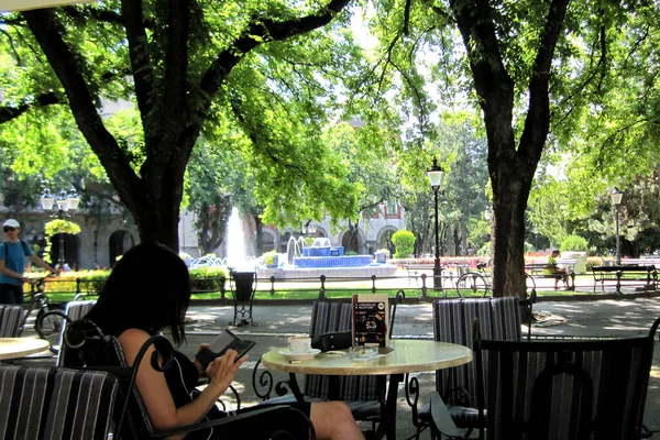 Subotica Şehrinin Merkezinde Yaz Mevsimi Akıllı Telefon Kahveyle Gölgede Dinlen — Stok fotoğraf