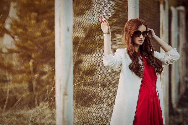 Red-haired lady on nature — Stock Photo, Image