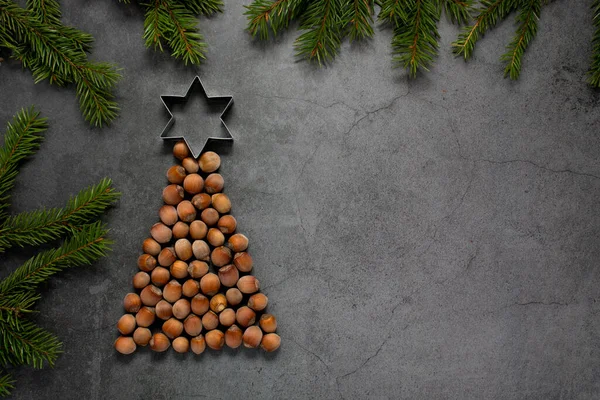 Mogyorós Karácsonyfa Feje Tetején Csengő Csengéssel Másolja Helyet Szöveghez Ünnep — Stock Fotó