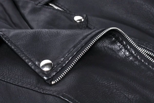 Close Detail Black Leather Jacket Rivets Fasteners — Stock Photo, Image