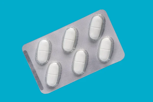 Pillen Een Blaar Een Blauwe Achtergrond Het Concept Van Antidepressiva — Stockfoto