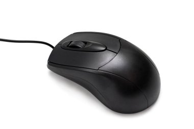 Siyah usb kablo bilgisayar faresi beyaz bir arkaplanda düzenlenir.