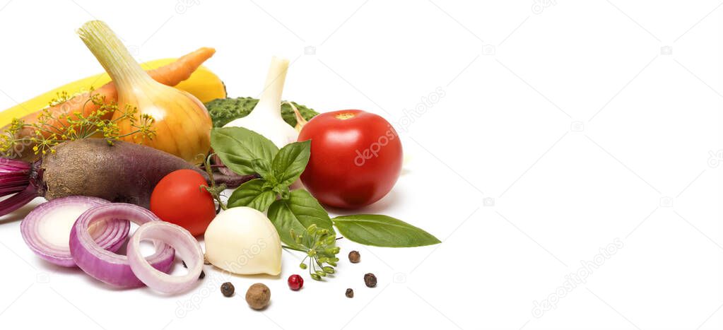 Healthy Food background. banner. Fresh vegetables on a white background with space for text, onions, garlic, beets, tomatoes, basil and spices. clean vegan eating concept. Copy space