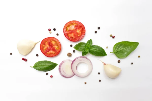 Fluteley Eine Reihe Von Gemüse Und Gewürzen Zum Kochen Tomatenscheiben — Stockfoto