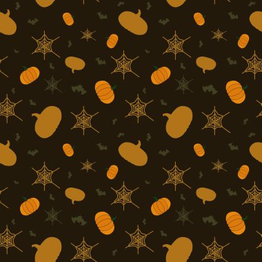 Cadılar Bayramı şablonu. Cadılar Bayramı balkabağı, yarasalar ve örümcek ağıyla kusursuz desenli. Sonsuz balkabağı arkaplanı. Kumaş tasarımı ve hediye paketi için çizimler. Cadılar Bayramı geçmişi