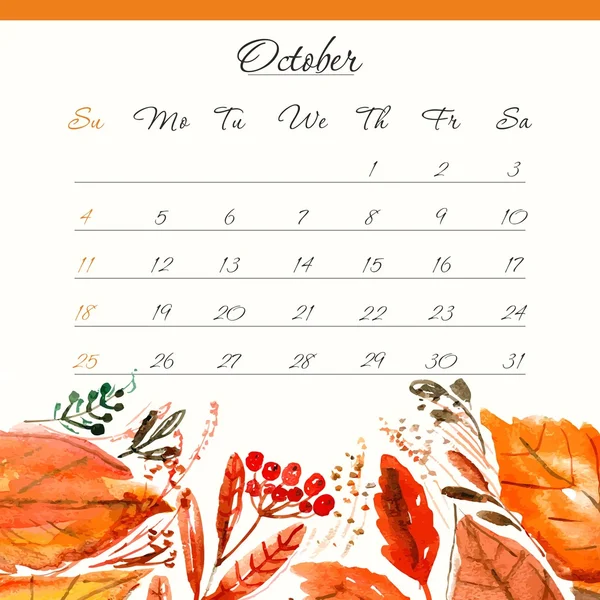 Calendrier 2015, octobre — Image vectorielle