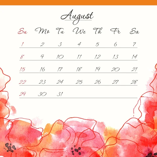 Modello di calendario 2015. Agosto . — Vettoriale Stock