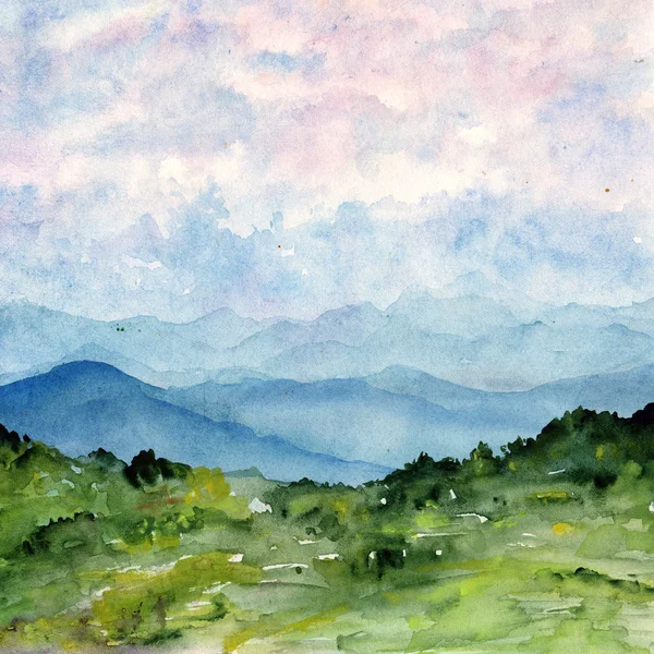 Watercolor painting landscape with mountains — Stock Photo, Image