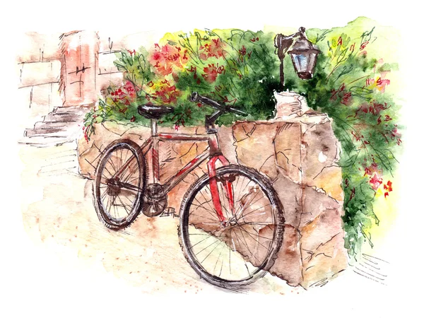 Υδατογραφία, καλοκαίρι εικονογράφηση με ποδήλατο — Φωτογραφία Αρχείου