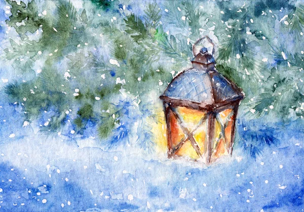 Christmas card with lantern — Stock Photo, Image