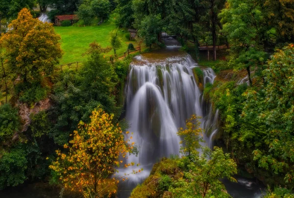 Waterfall Hrvoje in Village of Rastoke river canyon, Slunj, Croatia. August 2020. Long exposure picture. — Stock Photo, Image