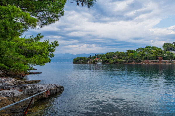 Idyllic turquoise beach in Splitska, village on Brac island, Croatia. August 2020