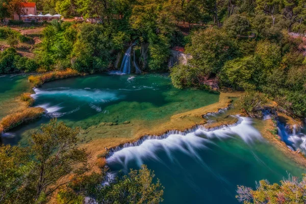 Аэрофотосъемка Водопадов Крка Национальном Парке Крка Осенью Хорватия Сентябрь 2020 — стоковое фото