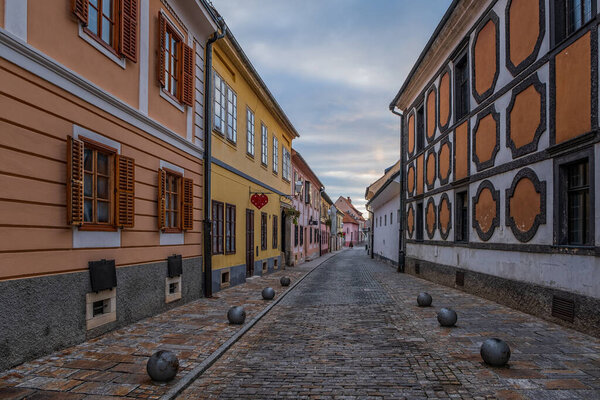 Old street of baroque town of Varazdin, northern Croatia. Early morning in september 2020