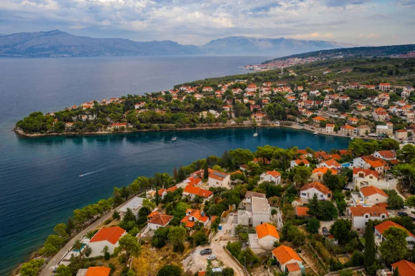 Splitska bay on Brac island view, Dalmatia, Croatia. Aerial drone panoramic picture. August 2020 — Stock Photo, Image