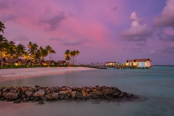 Palmeras Costa Tropical Atardecer Crossroads Maldives Hard Rock Hotel Junio — Foto de Stock