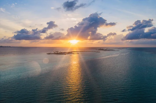 Fantastic Maldivian uninhabited islands on the sunrise. July 2021, aerial drone picture. — Stock Photo, Image