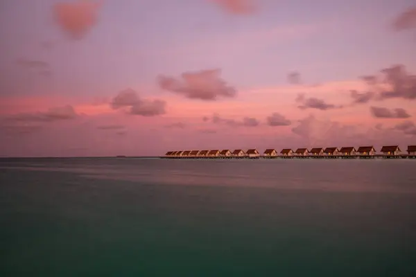 Isla Océano Villas Sobre Agua Atardecer Crossroads Maldives Julio 2021 — Foto de Stock