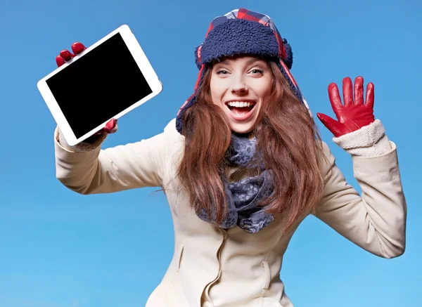 Noël, x-mas, électronique, gadget concept - femme souriante dans — Photo